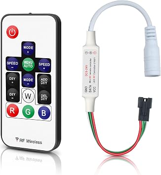 RGBZONE WS2812B RF LED Controller, 3-PIN Mini LED Strip Lights Controller, DC 5V/12V/24V for WS2812 WS2811 Dream Color LED Strip Lights14 Key