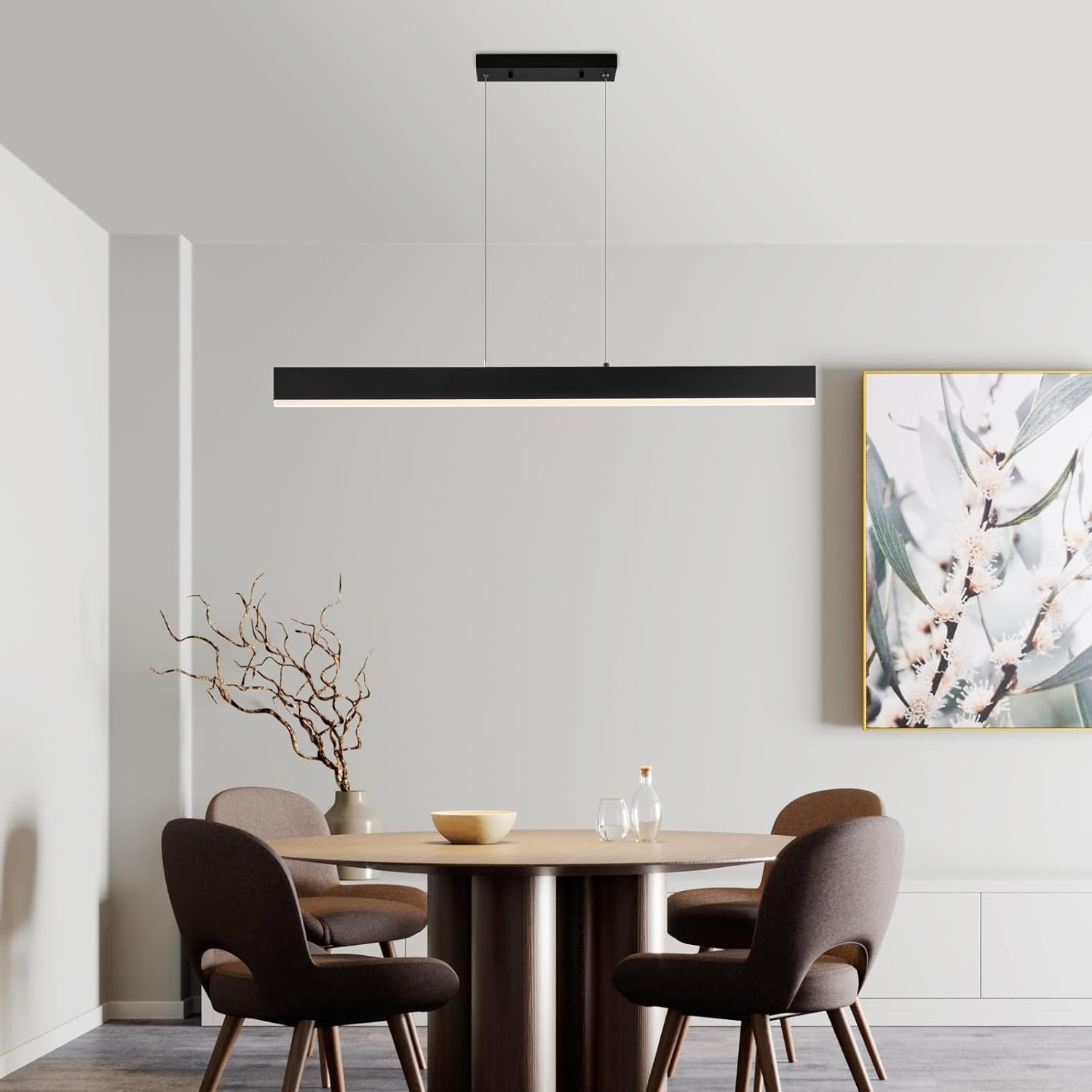 47" LED Linear Pendant Light Fixtures Chandelier 50W LED Modern Office Light Adjustable Height island lights for kitchen Dinning Room Living Room Office Matte Black