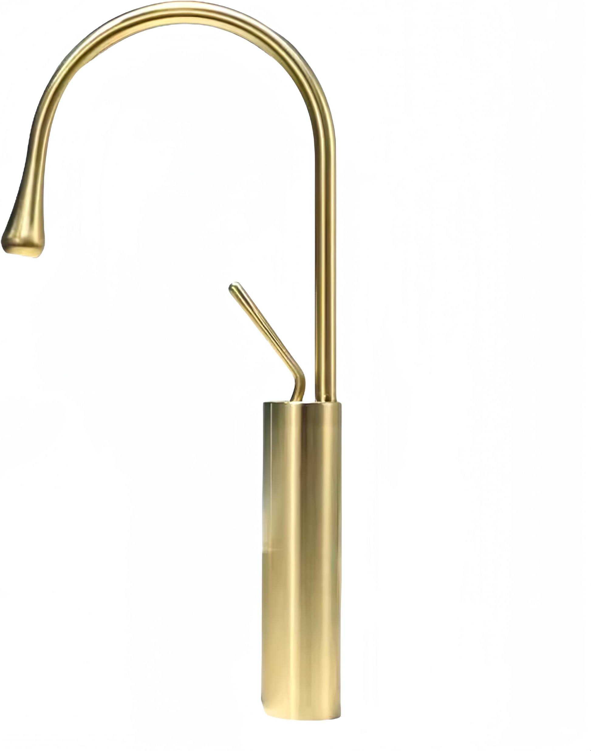 Brushed Gold Vessel Sinks Faucets, with High Arched Long Reach Spout Above Bowl Swan Goose Neck, Single Rain Skinny Shape Thin Round Decorative Unique Tall Taps, Kitchen Bar Unlacquered