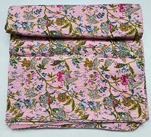 Queen/Twin/King Pink 1 Handmade Kantha Bird of Paradise Print Quilting Kantha Quilt Kantha Blanket Bed Cover Kantha Bedspread Bohemian Bedding Kantha Blanket Throw (60X90 inches)