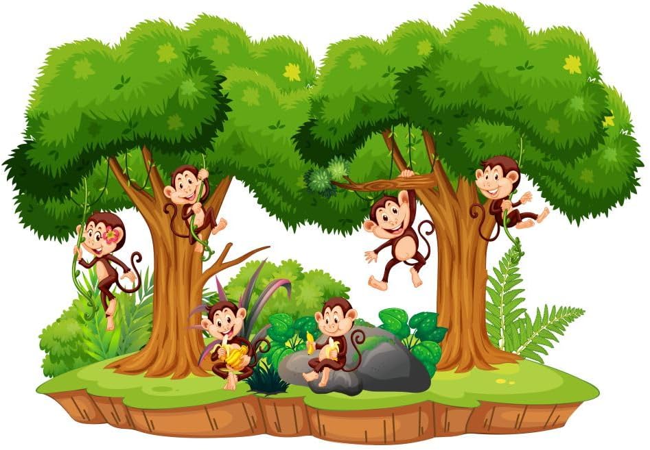Cartoon Forest Scene with Monkey Animated Wall Sticker Beautiful Created Designs Kids Room Sticker Wall, Hall, Living Room,Poster 3D Background Removable Sticker Gallery Poster