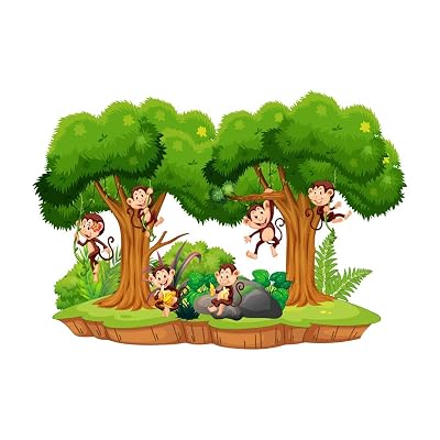 AH Decals Cartoon Forest Scene with Monkey Animated Wall Sticker Beautiful Created Designs Kids Room Sticker Wall, Hall,
