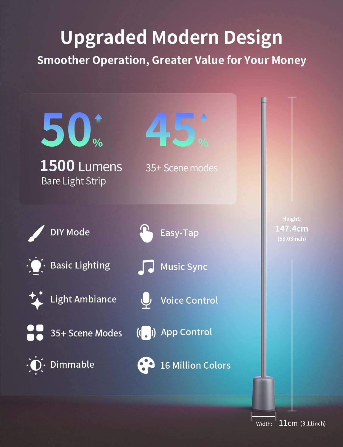 Ailofy Corner Floor Lamp, 1500lm RGBW Corner Lamp Work with Alexa & Google Assistant, 16 Million DIY Colors, Sync with Music, App Control, Modern LED Floor Lamp for Living Room & Bedroom, Silver Grey