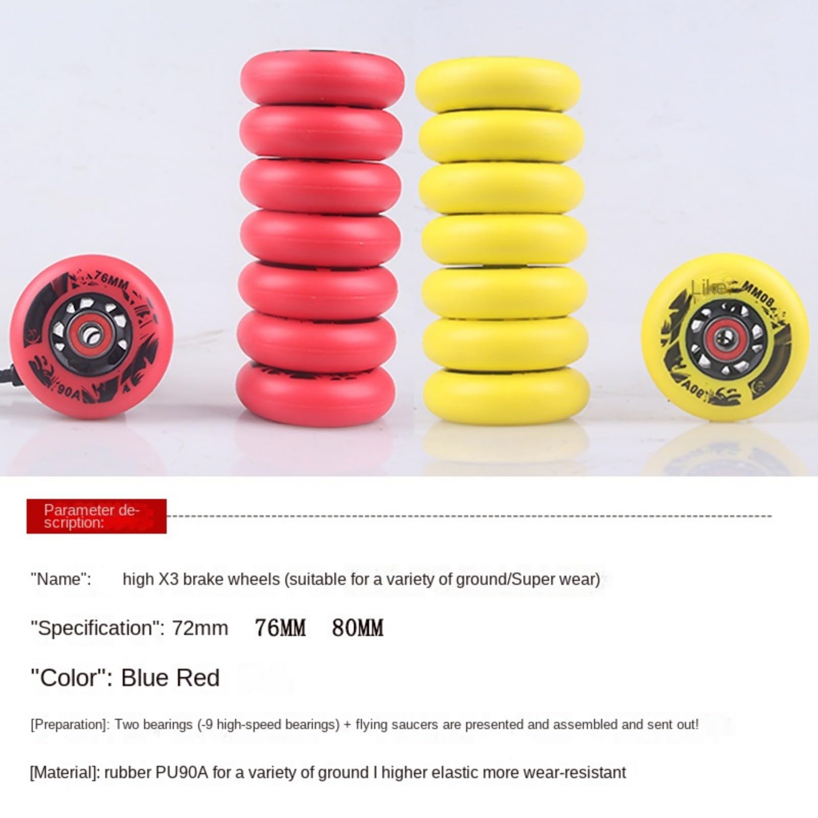 90a Inline-Skate-ersatzrollen Mit Abec-9-kugellagern, Rollschuhrollen Für Drinnen Und Draußen Yellow+Red 72mm