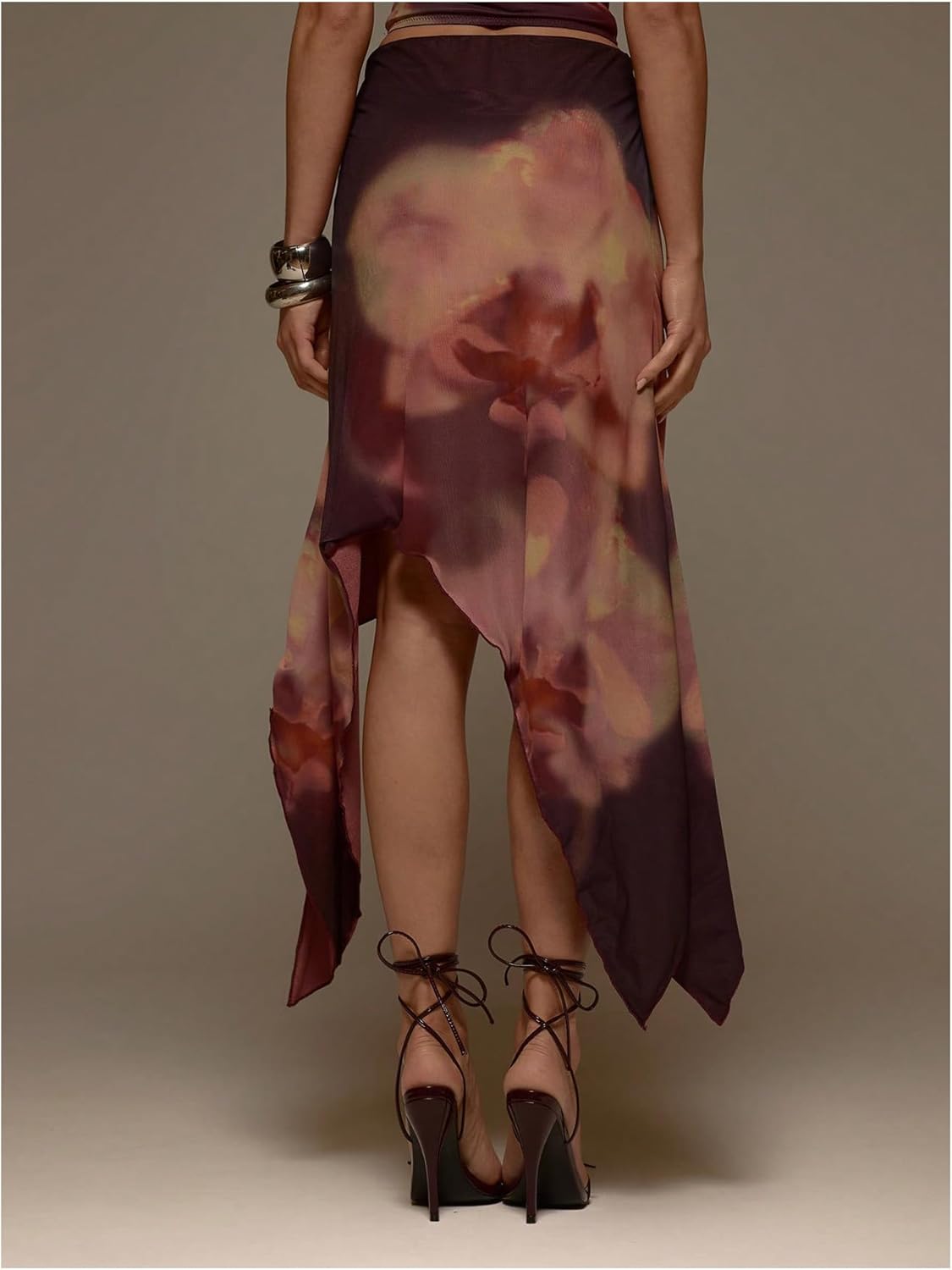 MakeMeChic Women's Floral Midi Skirt Mesh Asymmetrical Low Rise Bodycon Summer Long Skirts Trendy