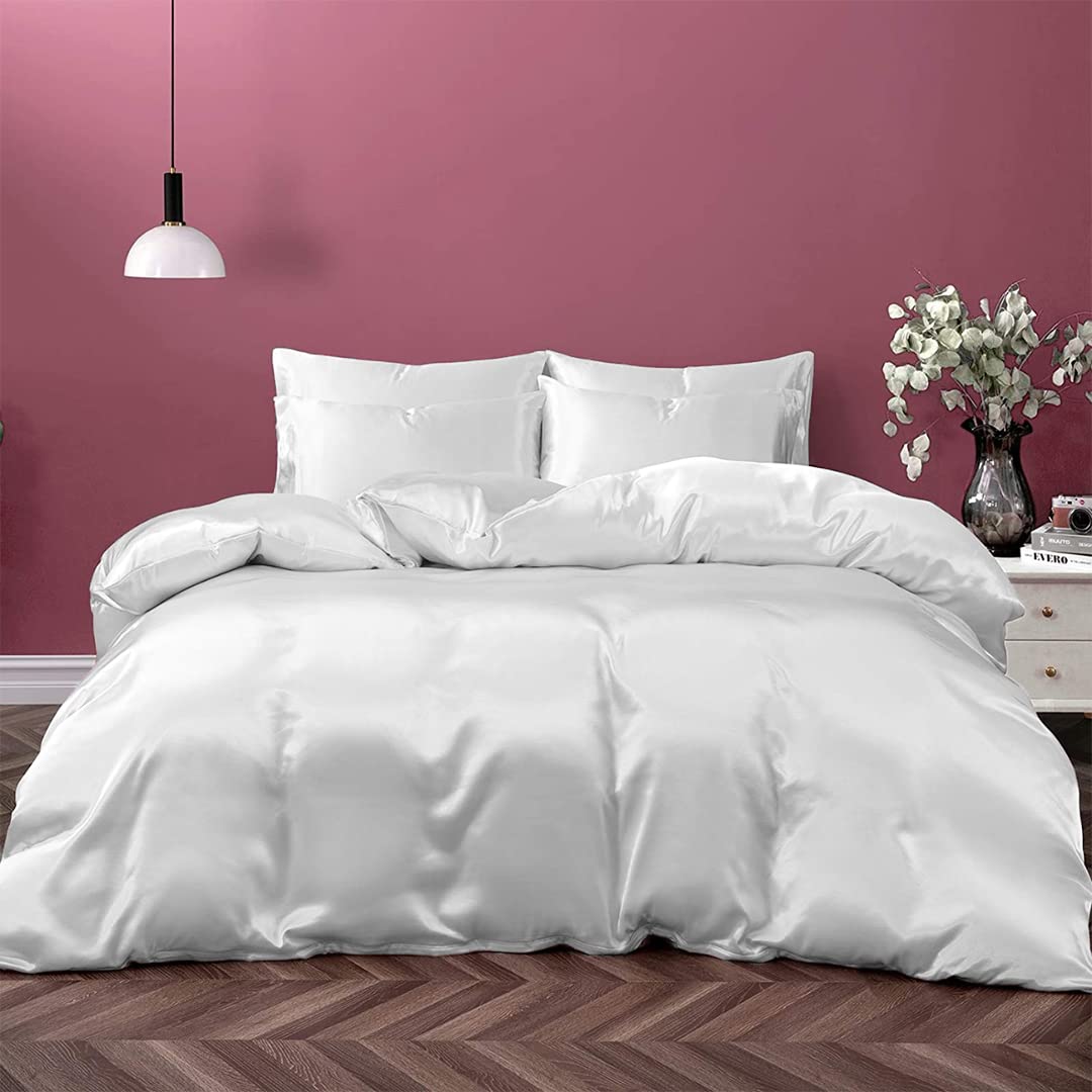 Cloud Fino Silk Satin Sheet Set| 100% Pure Silk Satin Sheet Set 7pc Silk Fitted Sheet 15" Deep Pocket, Silk Flat Sheet, Silk Duvet Cover & Pillowcases Set !!(Cal King White)