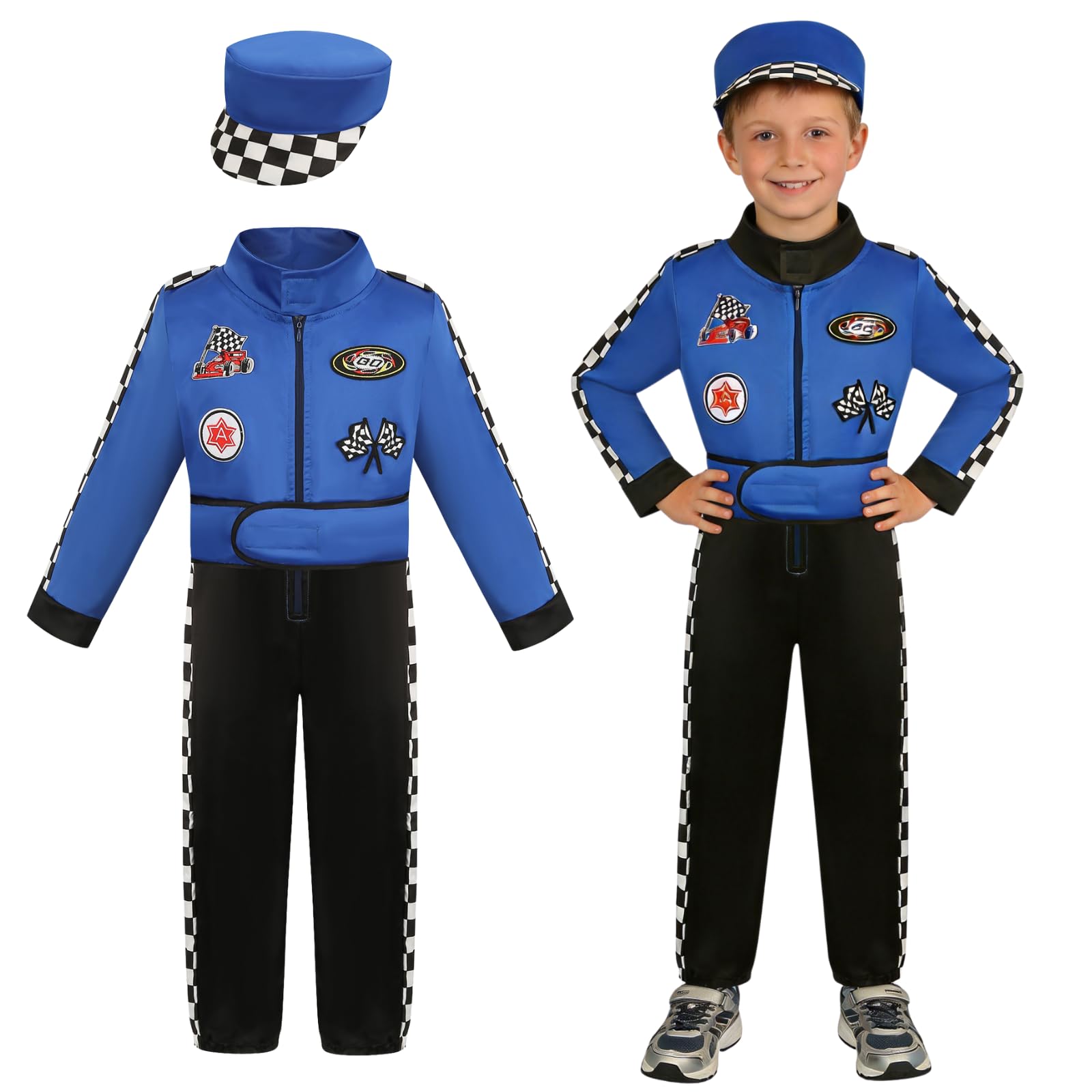 maxToonrain Deluxe Racing Driver Costume with Hat Kids F1 Driver Outfit for Halloween Role Play Christmas World Book Day (Blue,9-10 Y)