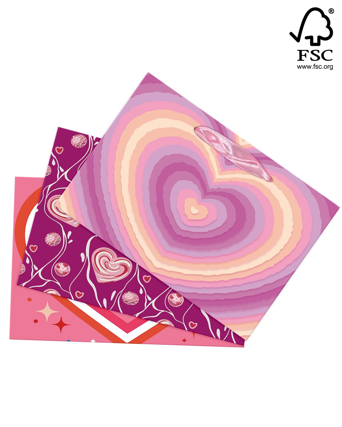 qiqee Heart Valentine Gift Bag with Tissue Paper Wide Medium Present Wrap Bags for Women Girlfriend Classroom Happy Valentine's Day (3 PCS Medium + Tissue Papers)
