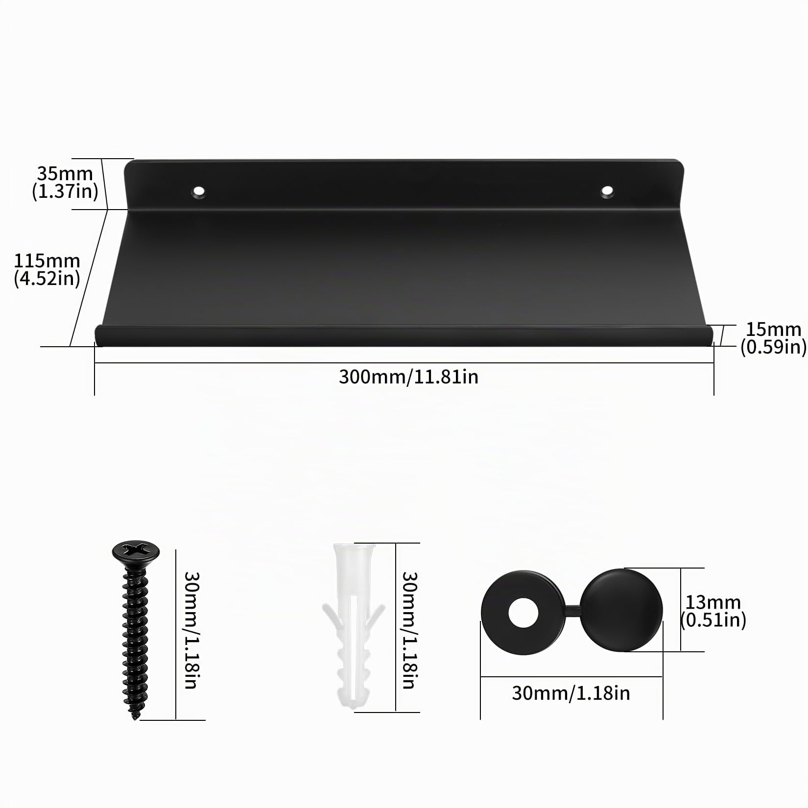 2 Pcs Estanteria ParedNegro Pequeños, Estantes de Pared, Baldas Flotantes Metálica, Estantes Flotantes, Baldas Pared Estanteria para Dormitorio Cocina Baño, 30x12x3,5 cm
