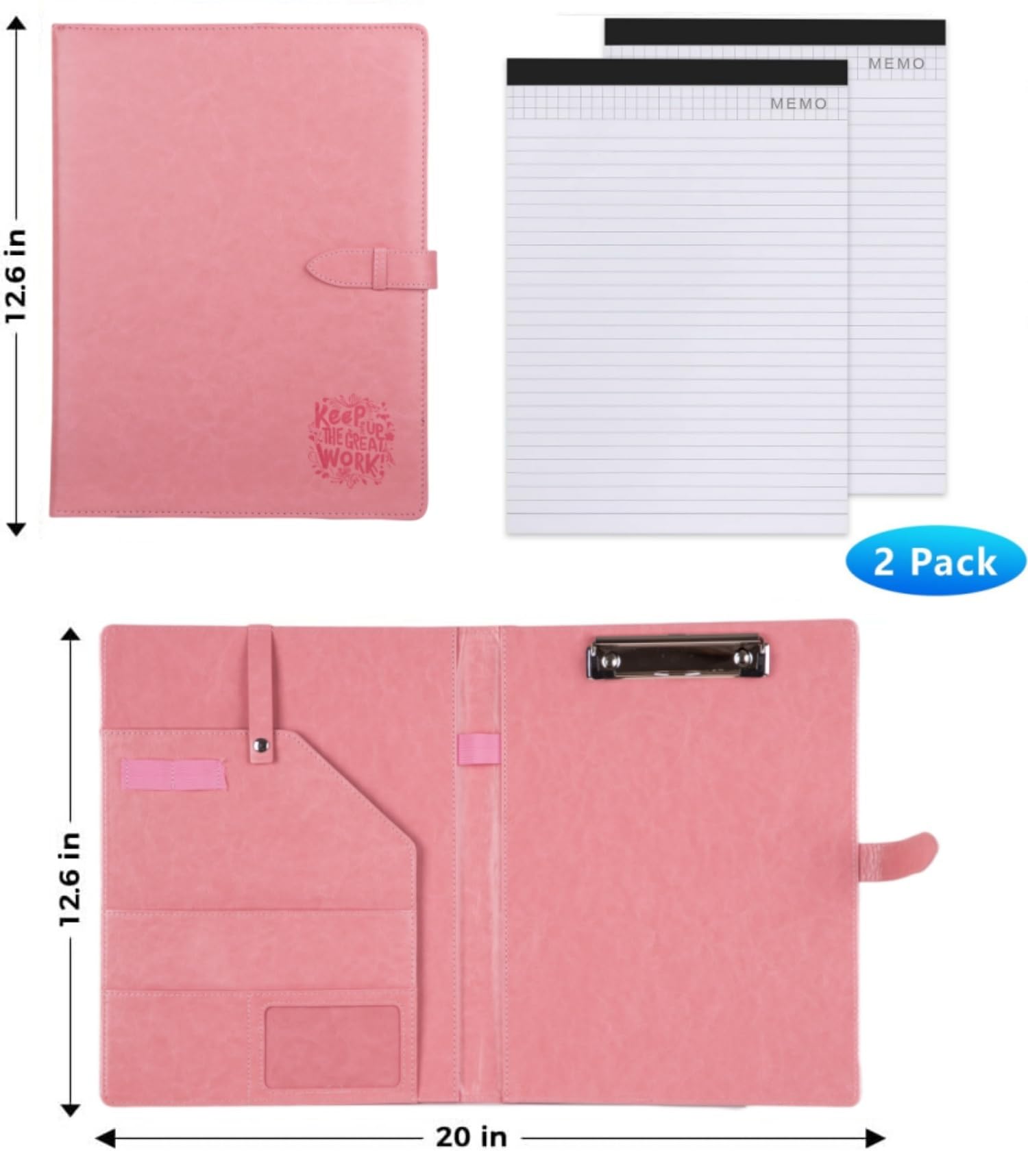 Porte-documents en cuir, organiseur de documents juridiques pour entretiens, porte-bloc, porte-cartes, 2 blocs d'écriture au format lettre inclus (rose)