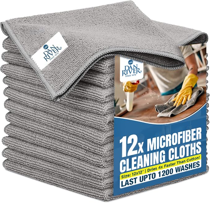DAN RIVER 12-Pack Gray Microfiber Towels Ultra Absorbent Lint-Free Streak-Free Rags for Home Car Kitchen - Must-Have Cleaning