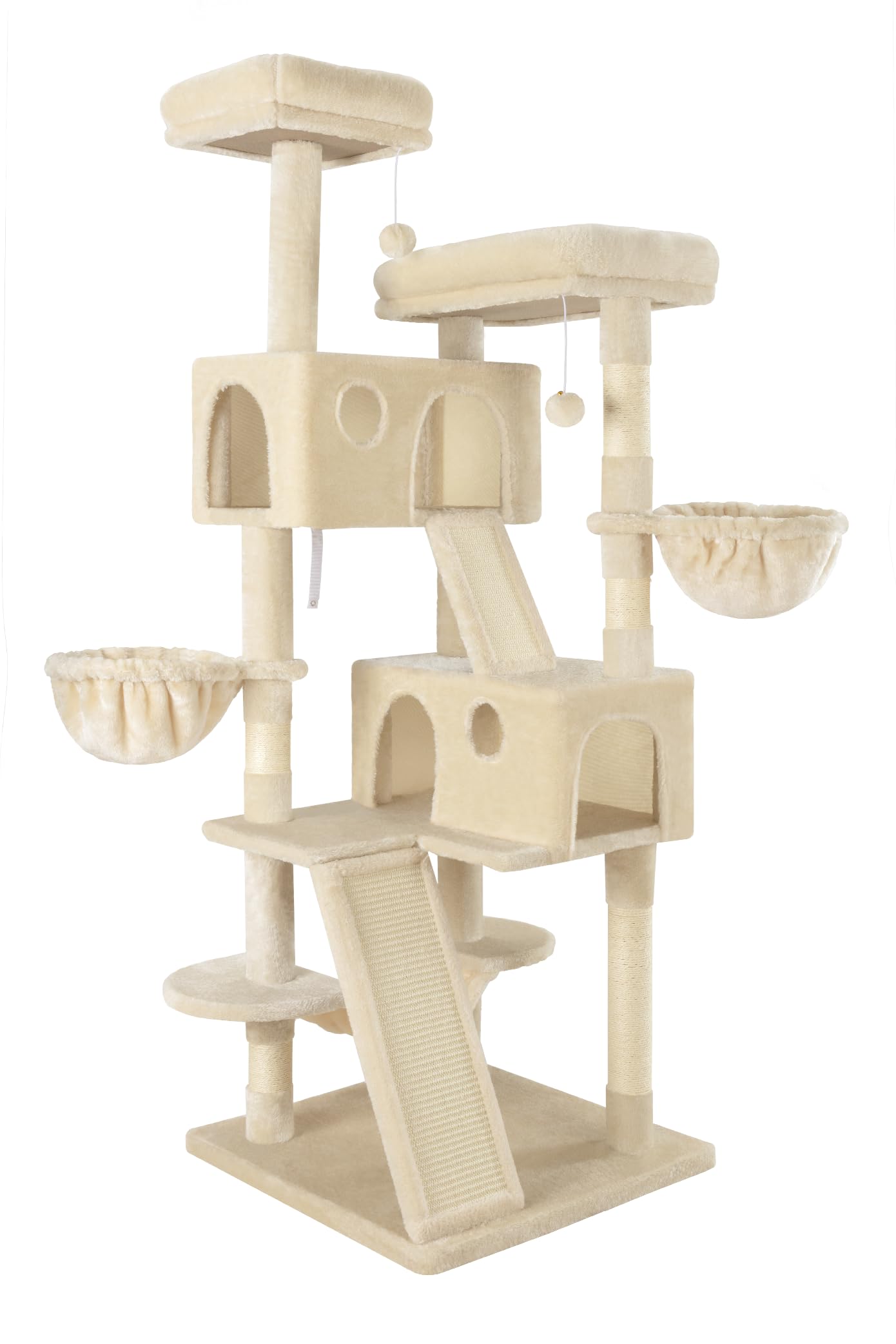 MUTICOR Großer Kratzbaum mit Mehreren Ebenen, für große Katzen, gemütliche Plüsch-Sitzstangen, Sisal-Kratzbäume, Hängematte und Körbe, Spielhaus, breite Basis, Beige, 168 cm