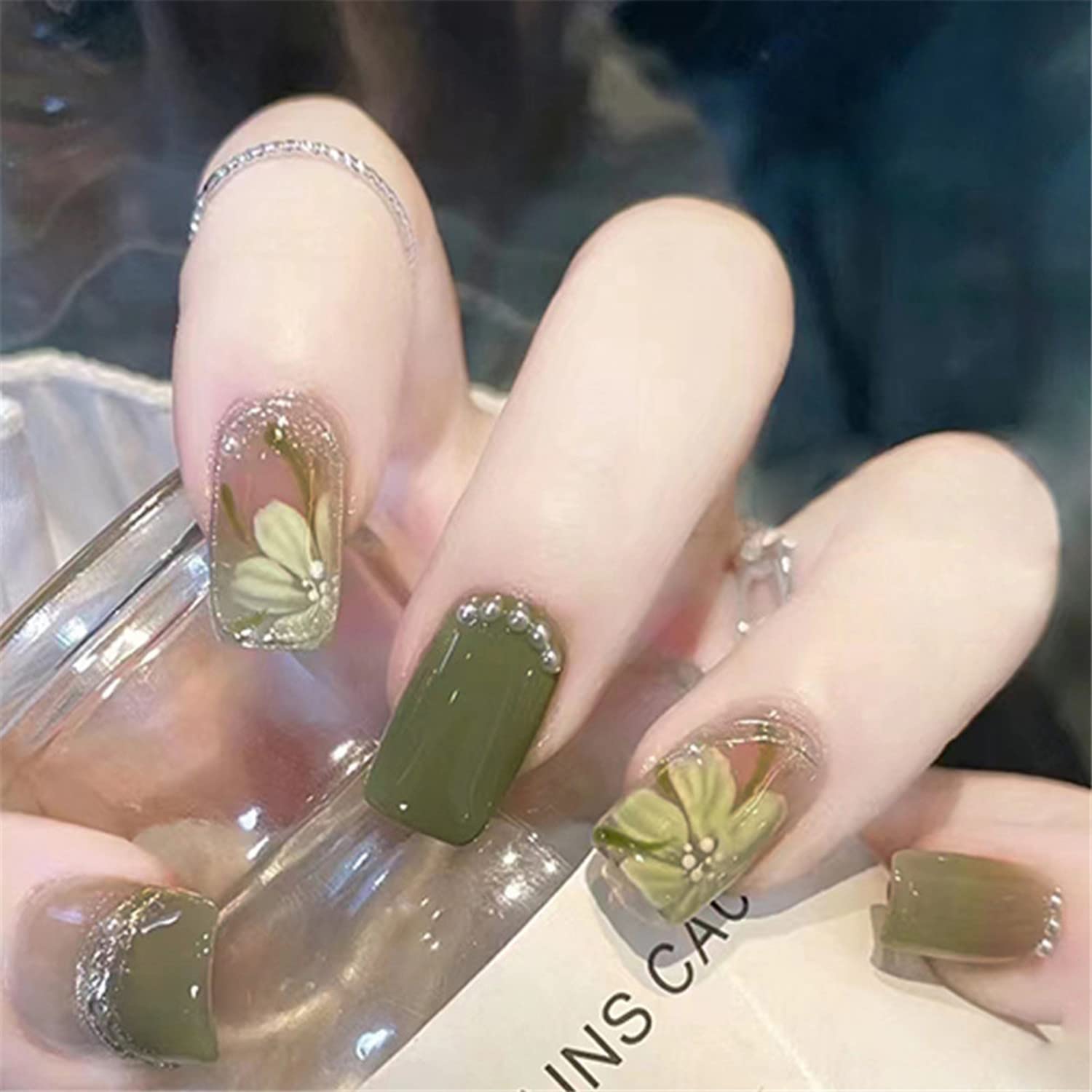Amazon | ネイルチップネイルシール 緑 花 爽やか透け感 花 デザイン 