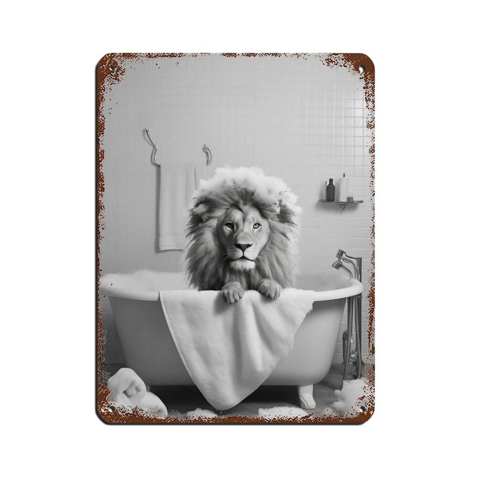 Adorable Lion in Tub Bathroom Art Poster Retro Poster Metal Tin Sign Chic Art Retro Iron Painting Bar People Cave Cafe Family Garage Poster Wall Decoration 12x16inch(30x40cm)