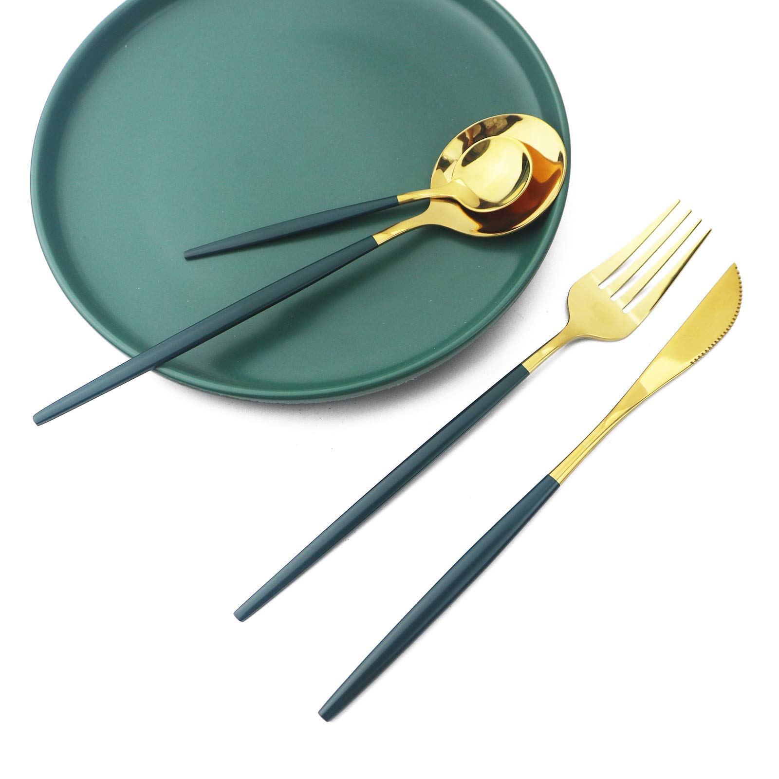 Green Handle Gold Silverware Set, BRIIEC 24-Piece Stainless Steel Shiny Cutlery Eating Utensils Flatware Set for 6, Dishwasher Safe