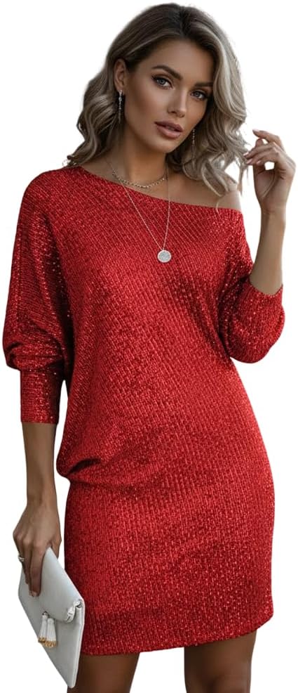 Women's Sequin One Shoulder Dress 3/4 Batwing Sleeve Sparkly Bodycon Mini Dress for Party Club/Night Out/Cocktail