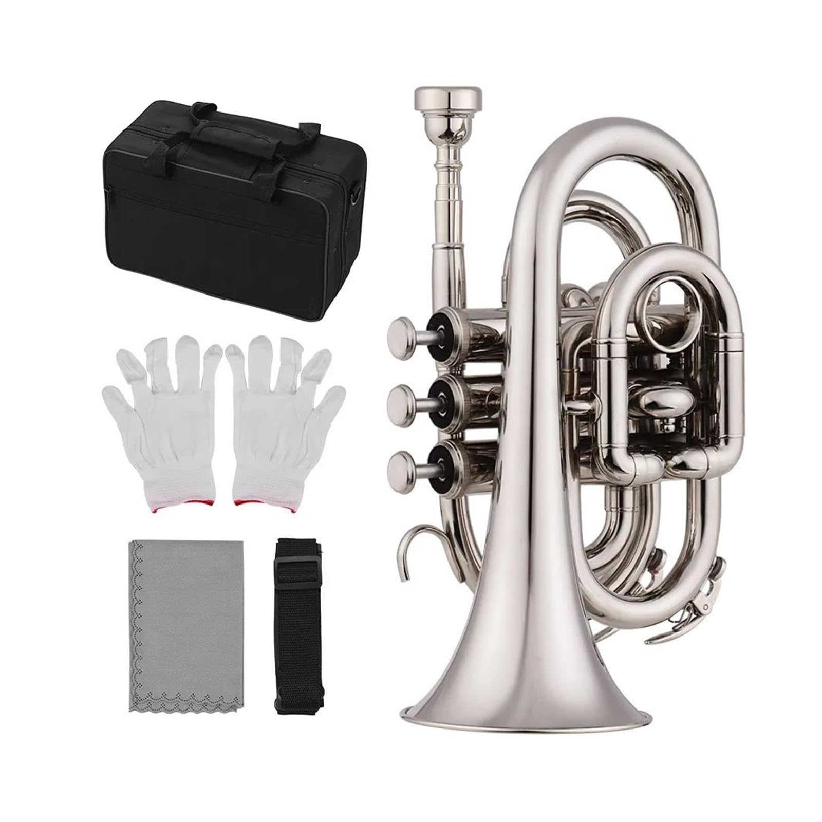 Trąbki Trąbka Kieszonkowa Bb, Płaski Instrument Dęty Z Mosiądzu Z Ustnikiem, Futerał Do Przenoszenia Akcesoriów (Color : Silver)