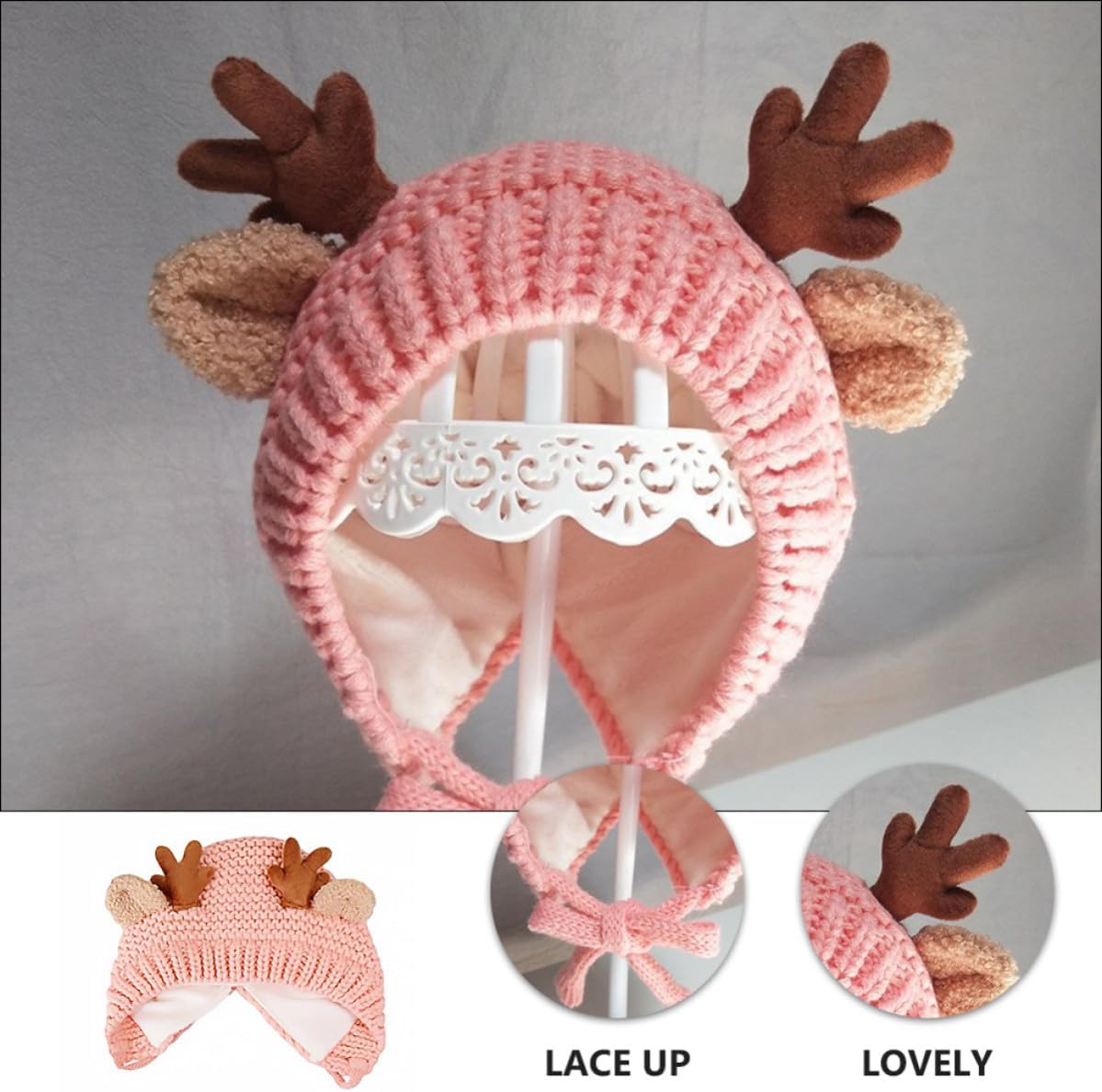 DOITOOL Baby Fleece Lined Knitted Hat Xmas Antler Pink for Boys Girls