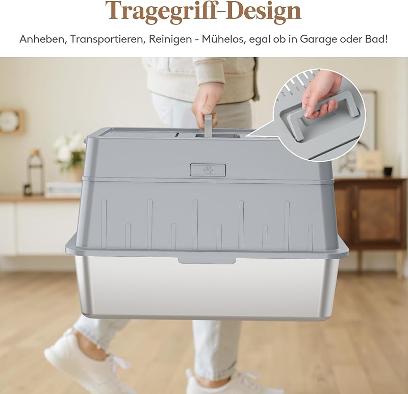 Lifewit XXL Macska WC Rozsdamentes Acélból - Fedeles Macskatoalett Pedálos Nyitással, Elülső Bejárattal, Lapáttal, Szürke, Nagyméretű Cicákn - gray, 22.8cm, 1 Packung