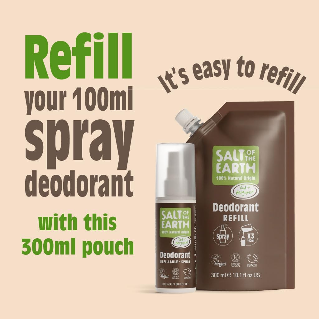 Salt of the Earth – Saszetka uzupełniająca do naturalnego dezodorantu w sprayu, do 3 użyć – Oud & Bergamotka – wegańska, długotrwała ochrona – 300 ml.