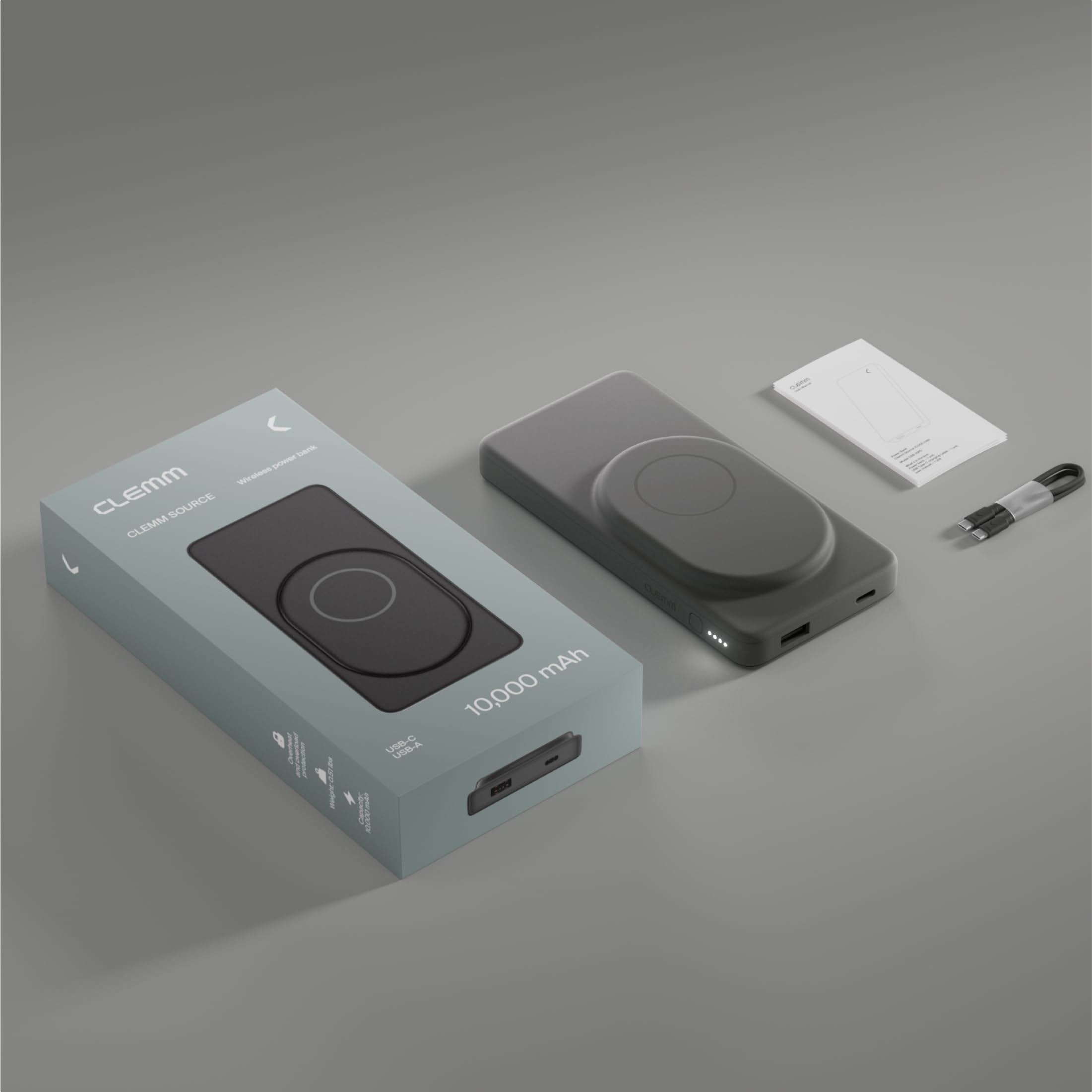 Clemm Cargador inalámbrico portátil de 10 K mAh de doble puerto (USB-A, USB-C) cargador de carga rápida para iPhone 16/15/14, Samsung Galaxy, iPad, Google Pixel y más, grafito