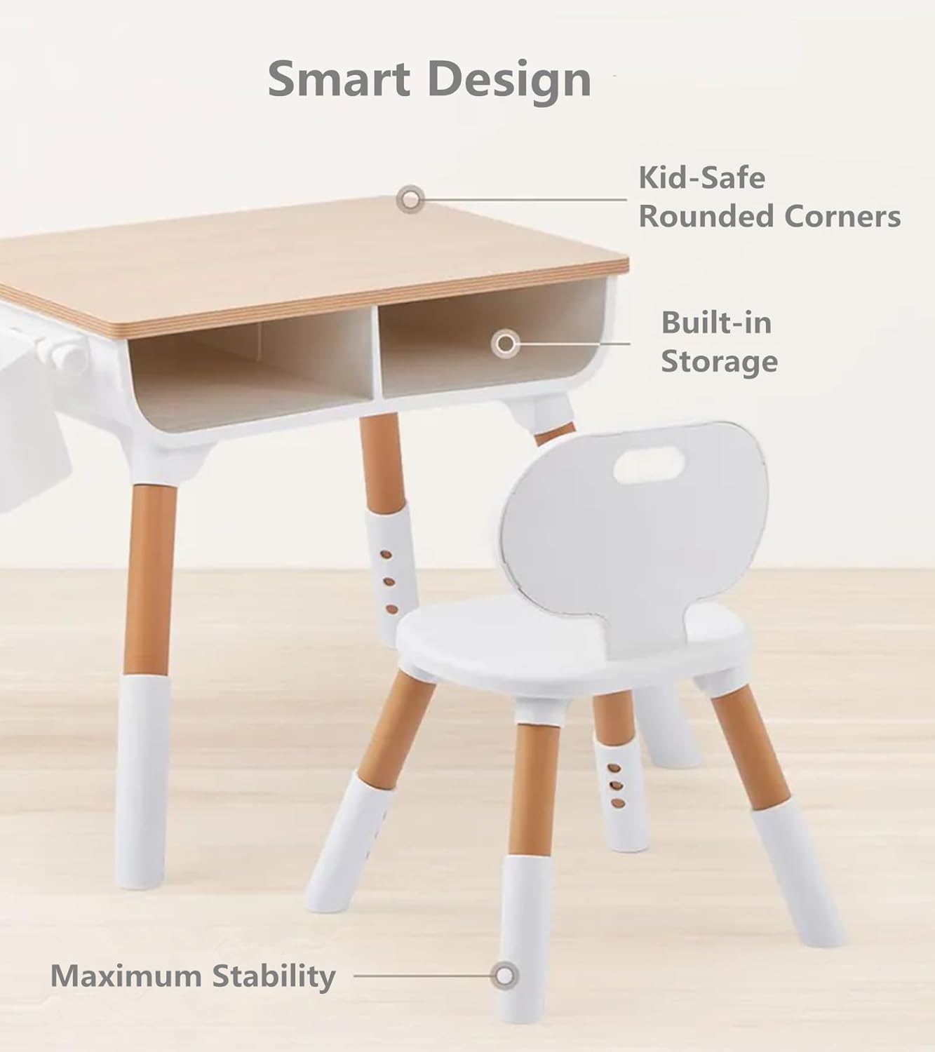 Tonlevo Toddler Desk & Chair Set - Adjustable Height Kids Table with Storage, Solid Wood Legs, Ergonomic for Arts & Crafts, Learning, Snacks & Play (Ages 1-8) - Tool-Free Assembly, White/Natural Wood