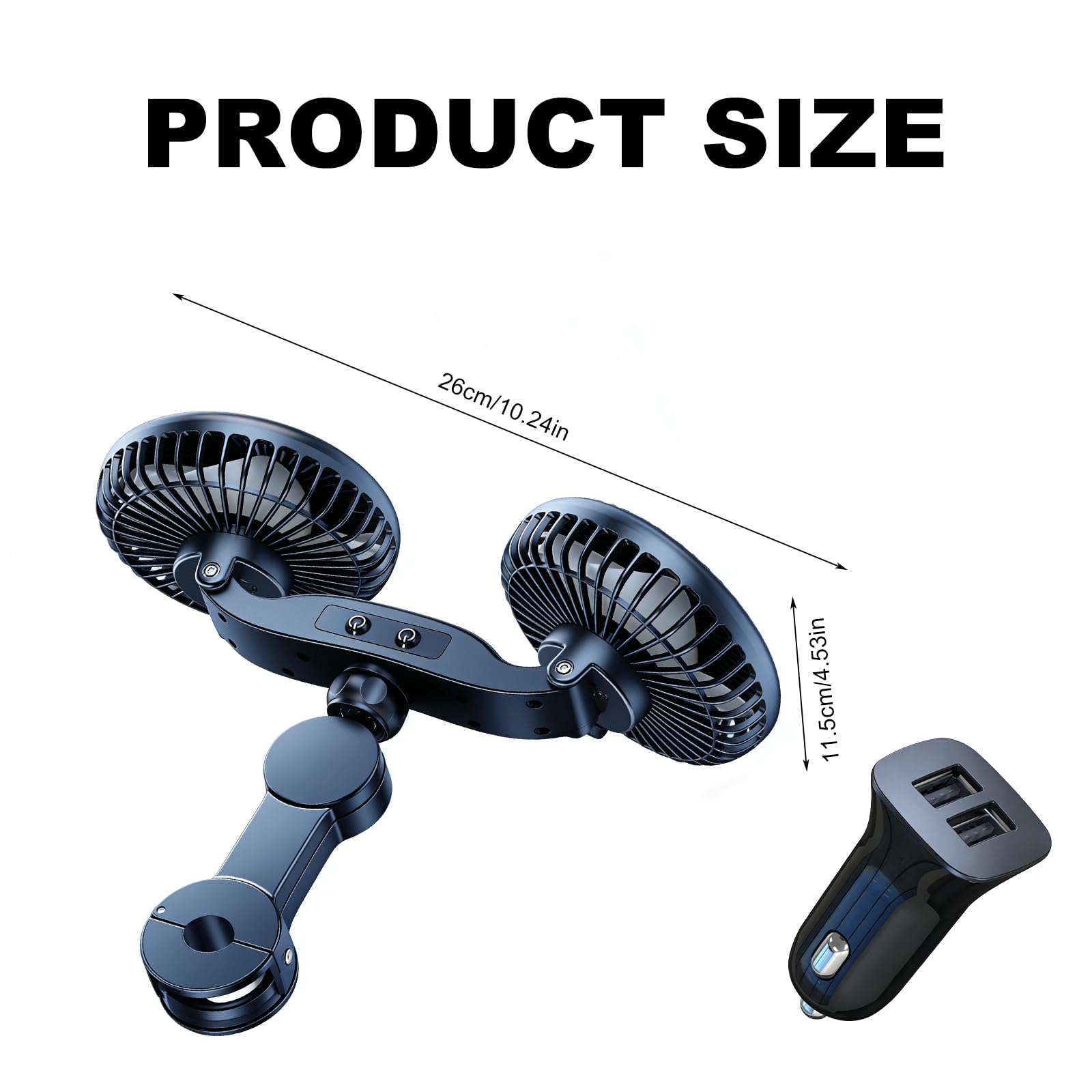 Ventilatore per auto per sedile posteriore, ventilatore USB per auto da 12V con caricabatterie per auto e cavo, ventilatore per auto a raffreddamento ad aria girevole a 360° a 3 velocità, ventilatore