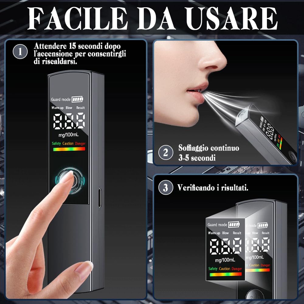 KCVV Etilometro Portatile Certificato, Etilometro Digitale LED Ad Alta Precisione, Non Necessita di Boccaglio, Design Compatto, Ricarica USB, Adatto per Uso Domestico, Professionale e per Feste