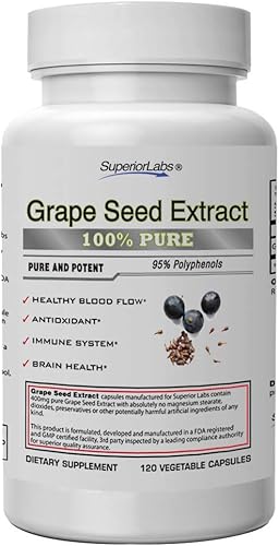 Superior Labs - Extracto de semilla de uva - 95% de polifenoles - 400 mg, 120 cápsulas vegetales - Salud cardiovascular - Alto contenido de