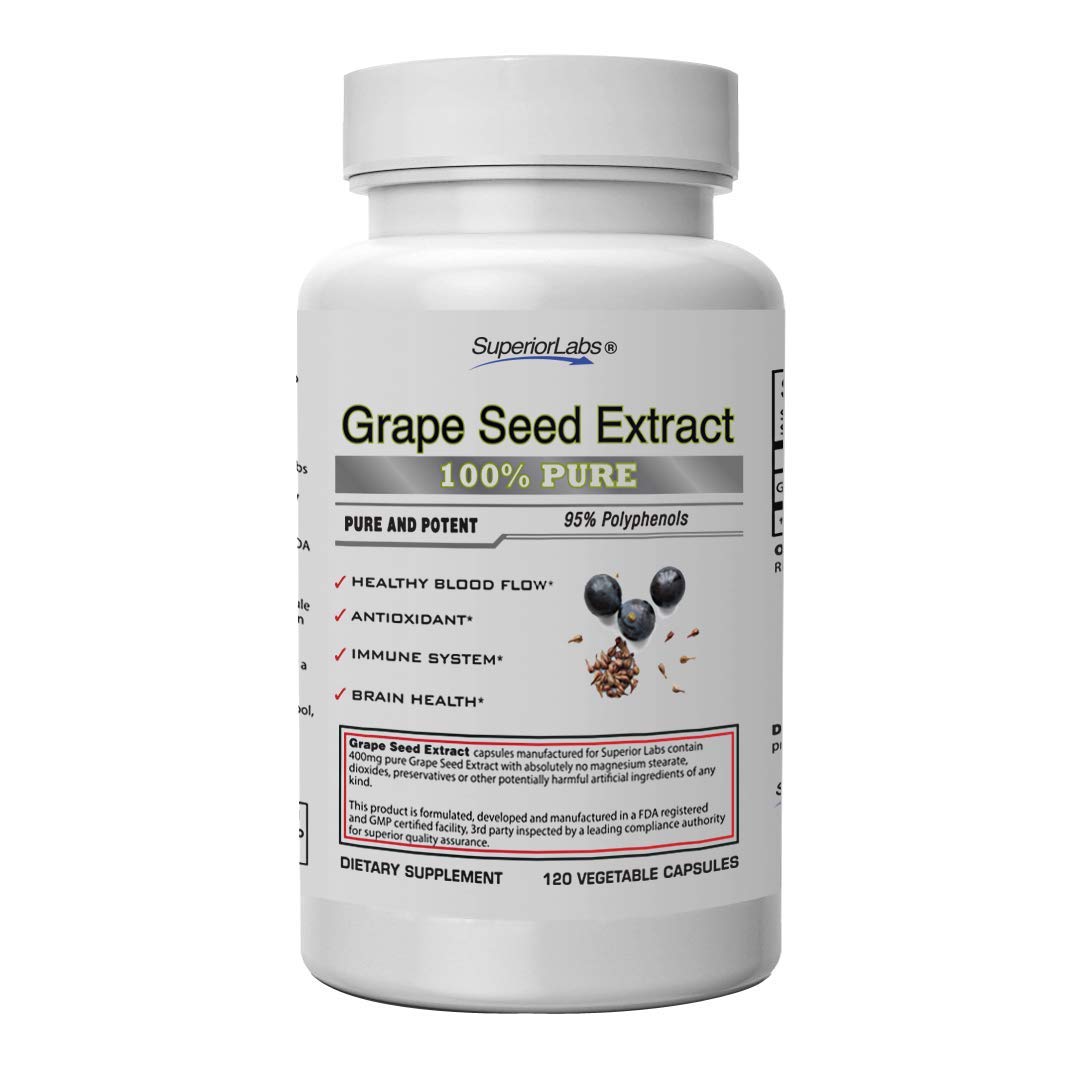 Grape Seed Extract, 400mg, 120 Vegetable Capsules, 95% Polyphenols, High Antioxidant Content, Healthy Blood Flow, Supports Immune System and Brain Health