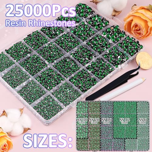 Image of 25000Pcs Resin Rhinestones for Crafting, Emerald Green 2-6mm Mixed Sizes Non Hotfix Flatback Gems with 1Pcs Glue, Bedazzling Crystal for DIY Craft Clothing Mugs Tumblers Shoes Fabric Decor Nail Art