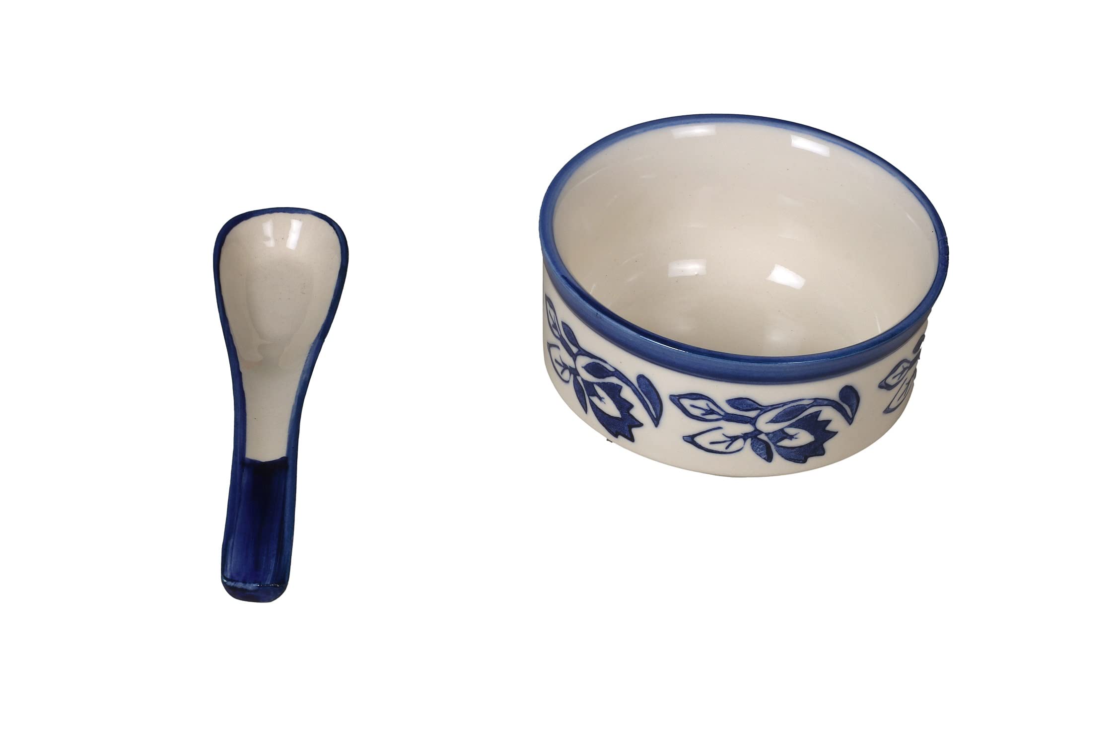 RAJ ROYAL Handmade Ceramic Hand Painted Blue Bail Pottery Jumbo Soup Curved Wooden Bowl  and Spoons Set of 6-350 ml Each - Image 3 thumbnail