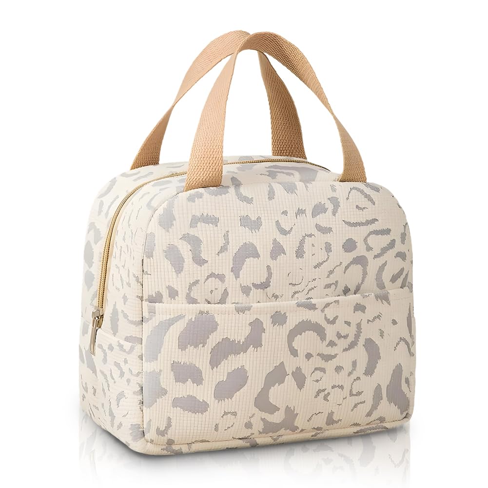 VorErgyllic Insulated Lunch Bag for Women Men, Leopard Print Leakproof Thermal Tote Cooler Bag Lightweight Thermal Lunchbox for Office, School, Gym, Beach, Travel, Picnic Beige (White 6)