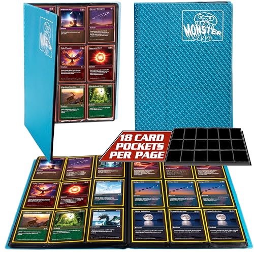 Monster 9 Pocket Trading Card Album-Holofoil Blue Binder, Anti-Theft & Anti-Drop TCG Protection w Side Loading Pockets, Holds 360 Cards-Compatible with Yugioh, Pokemon, MTG Magic the Gathering Cards