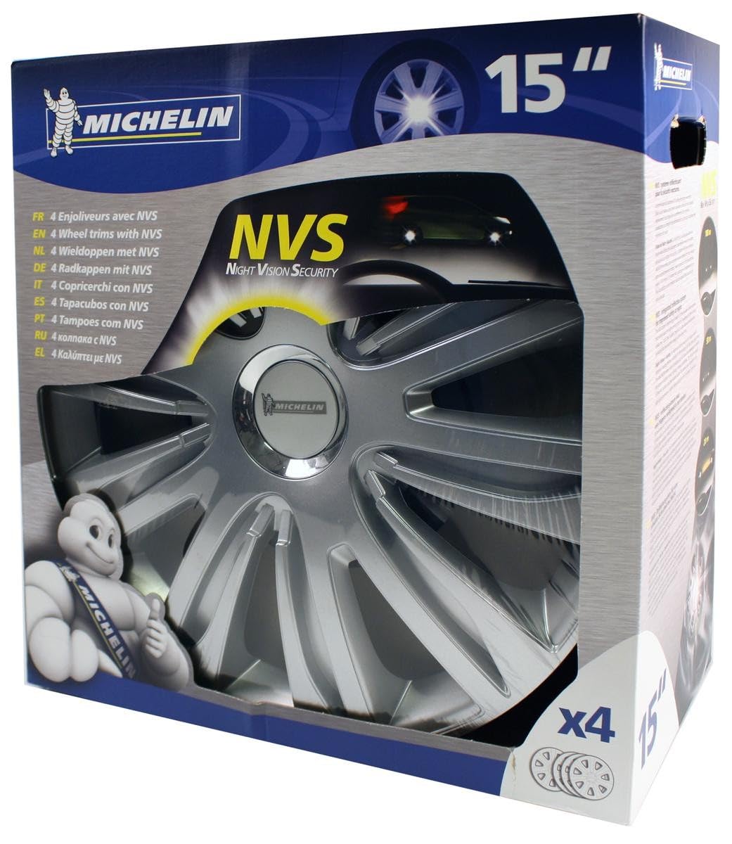 Michelin 009110 Set de 4 Enjoliveurs pour Jantes 15" Pouces – NVS 42 Chrome – Effet Jante Aluminium – Résistants aux Chocs et aux Intempéries – Compatibles Voitures avec Jantes Acier ou Tôle