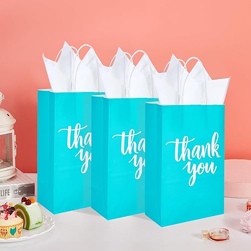Miniatura 9 de DjinnGlory Paquete de 50 pequeñas bolsas de regalo de papel de agradecimiento de color verde azulado con asas de 9 x 5.5 x 3.15 pulgadas y 50 papel