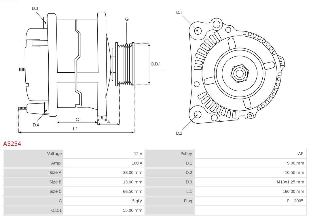 AS-PL Alternador A5254 100A con polea Compatible con MAZDA RX-8 SE, FE