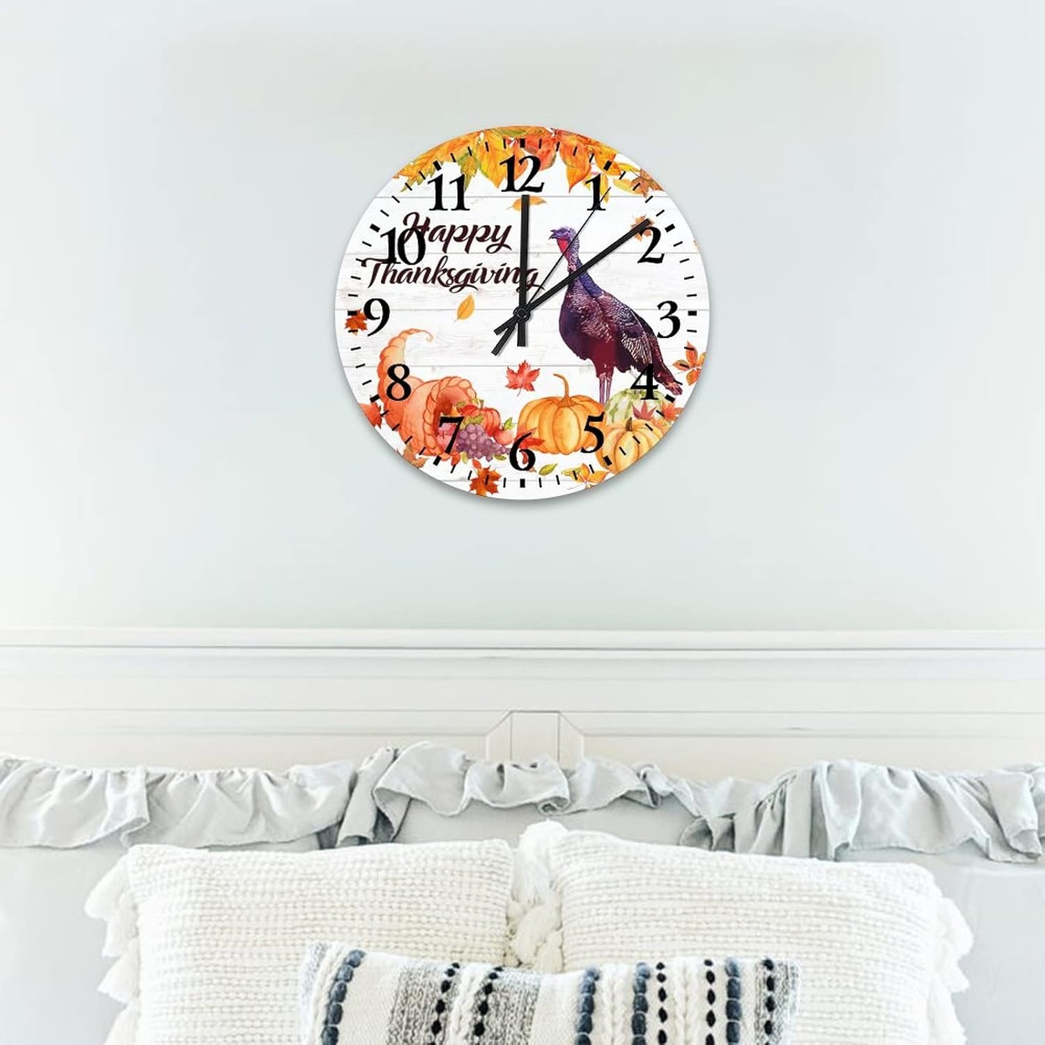 12 Inch Happy Thanksgiving Day Funny Turkey with Pumpkins Maple Leaves Wood Wall Clock Silent & Non-Ticking Seasonal Fall Harvest Vintage Wood Print Wall Clock Round Clock for Kids Room and Kitchen