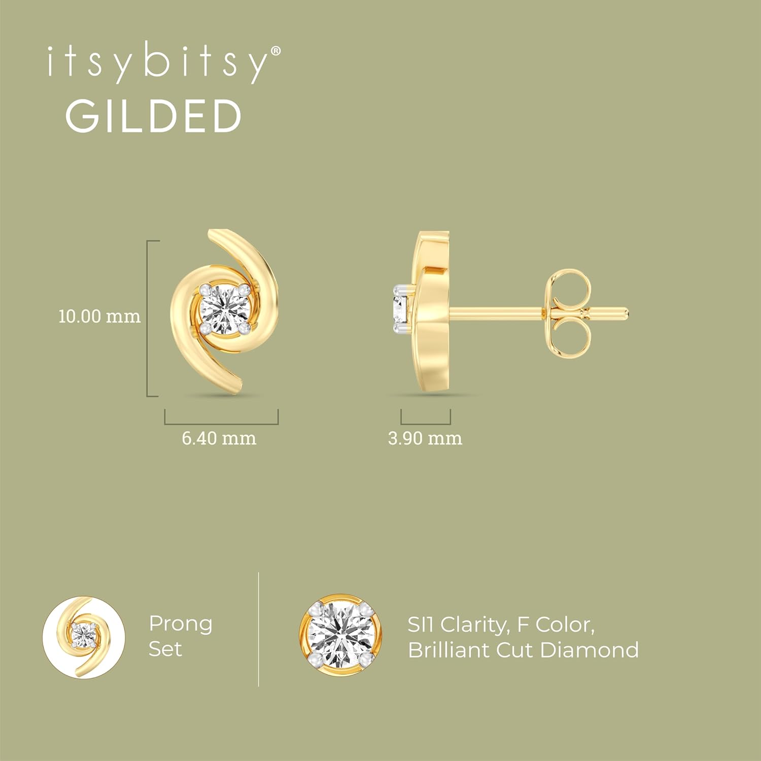 Itsy Bitsy by Gilded 14KT Gold Plated Sterling Silver Swirl Diamond Stud Earrings, 1/6 Cttw SI1 F-Color Lab Grown Diamonds, Push Back