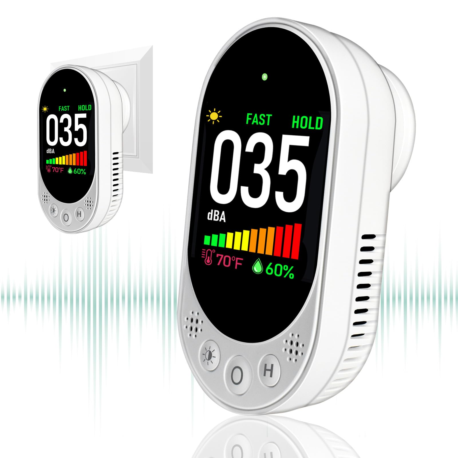Decibel Meter Plug-in Wall, 3-in-1 Noise Detector(Noise,Temp and Humidity) with Fast/Slow Refresh Rate, MAX/MIN and Data Hold, 30–130 dBA Decibel Range for Rentals, Home, Classroom, Library