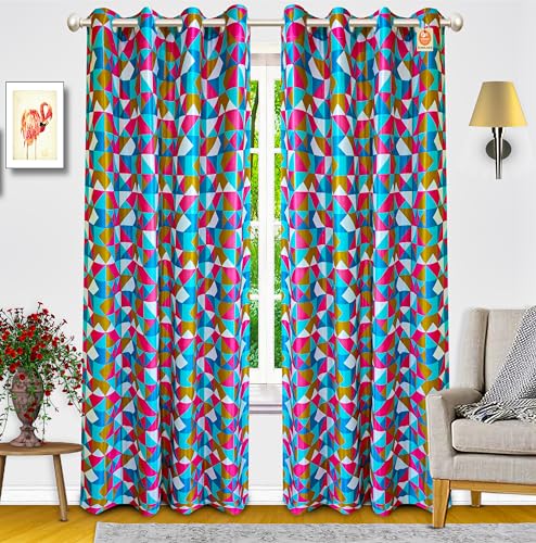 Image of KANUSHI Industries 2 Pieces Washable Polyster Eyelet Window Curtain Set (9 Feet, Blue,Pink)