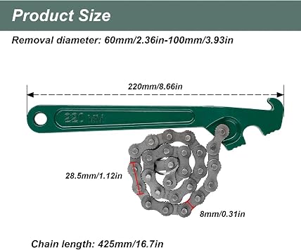 220 mm Adjustable Oil Filter Key with Chain Mechanism - Multifunctional Chain Wrench for Car Repair & Maintenance - Universal for Oil Filter Disassembly and Assembly - Robust Tool