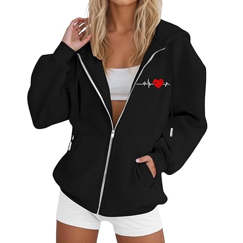 Heevina Hoodies For Women Heart Ekg Heartbeat Zip Up Pocket