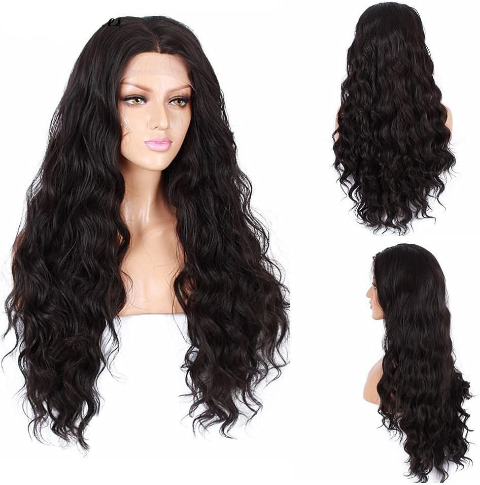 Destiny Love Natural Wave Curly Lace Front Wigs Synthetic Long Free Part Black Color Realistic Looking Wavy Heat Resistant Fibre Hair Half Hand Tied Lace Wigs for Black Women with Baby Hair 24 Inches