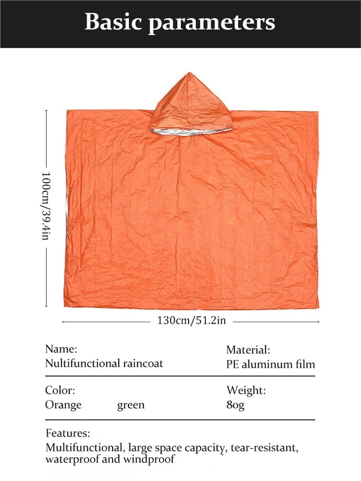 Poncho De Lluvia Chubasquero de Emergencia, Poncho Impermeable, Manta for la Lluvia, Equipo de Supervivencia for Acampar, Ropa Impermeable con Aislamiento frío, Equipo de Camping(Orange)