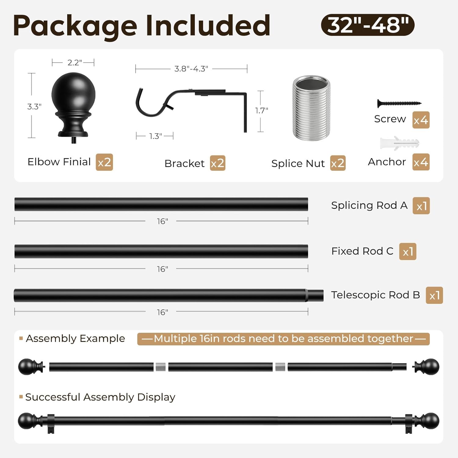 Zeerobee Curtain Rods for Windows 32 to 48, 1 Inch Adjustable Heavy Duty Black Curtain Rod, Outdoor Indoor Room Divider Modern Drapery Pole, 32-48"