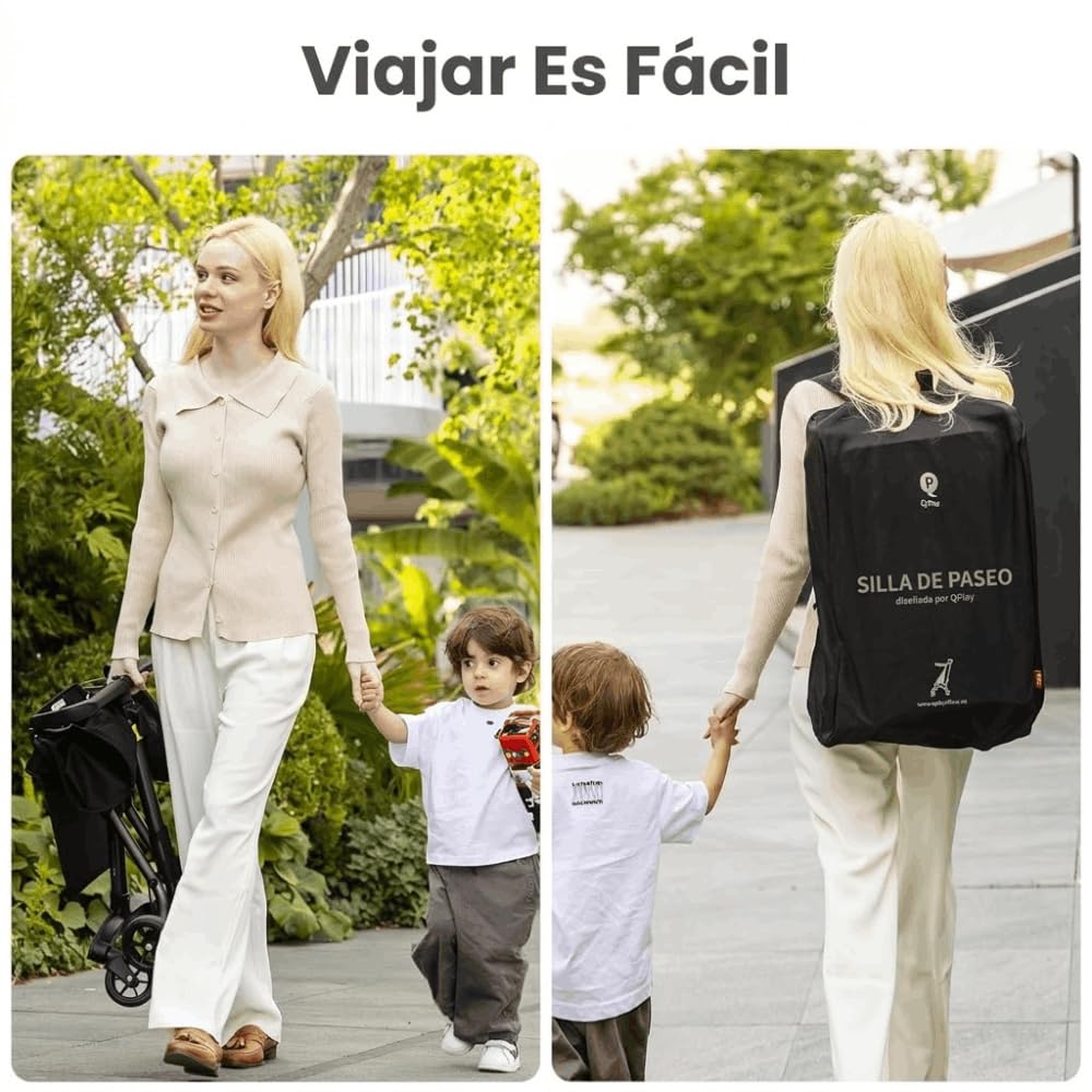 QPlay Silla de Paseo City Ultraligera | Carrito Plegable y Portátil 2.8 kg con Capota, Ruedas con Suspensión, Arnés de 5 Puntos y Marco de Aluminio | Para Niños de 6 a 36 Meses – 78x40.5x91 cm