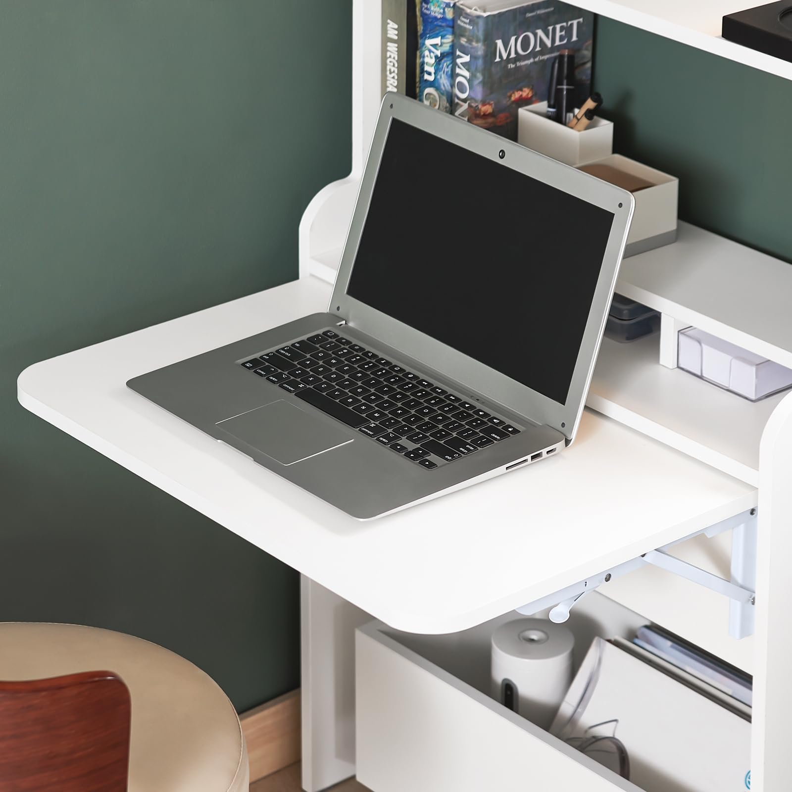 Bureau Pliable Mural Avec étagère - Table PC Escamotable - Blanc 90x60cm - Idéal Petits Espaces