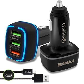 SpinBot ChargeUp 3 Ports 30W Quick Charge 3.0 Fast Car Charger + Braided Type-C USB