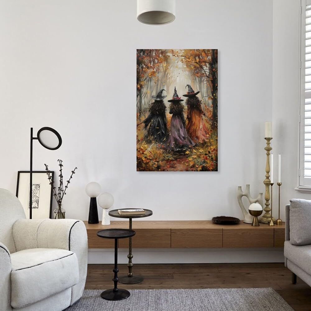 Horror Halloween Decor Wall Art Print Three Witches In The Forest Vintage Posters Decor Autumn Beautiful Witches Forest Canvas Printing For Living Room Bedroom 12x18inch Framed - Image 7